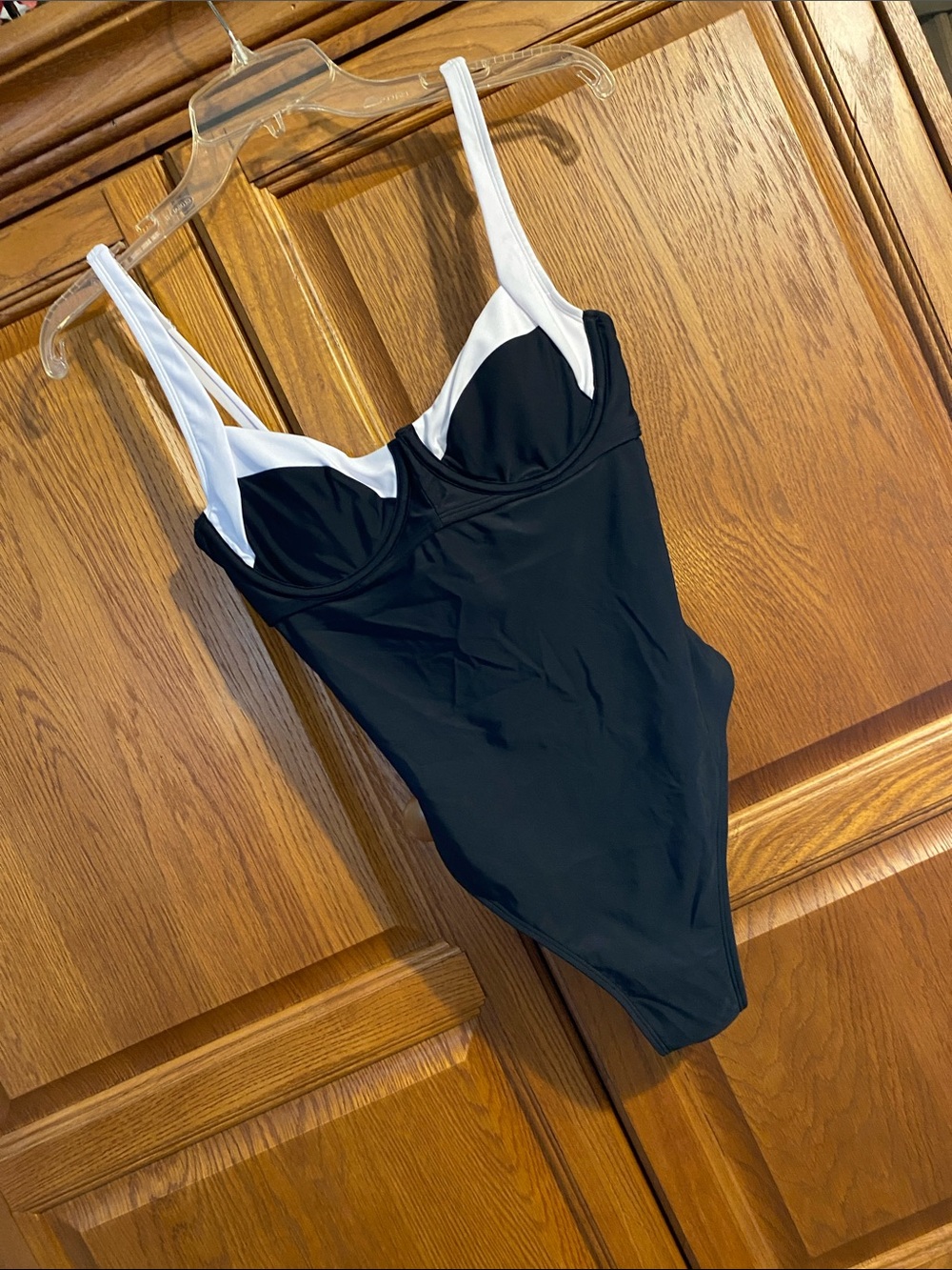 Cupshe Black One-Piece Swimsuit with White Straps and Bust Trim
